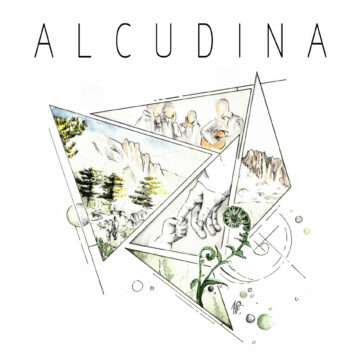 The title 'ALCUDINA' in large black letters above a multiframe triangular landscape collage.