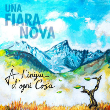 Vivid painted mountain landscape poster with blue sky, distant peaks, and a small tree, featuring handwritten Italian phrases.